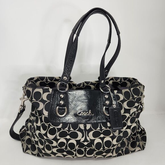 Coach Black Ashley Satchel Shoulder Bag Sateen Pleated Handbag Purse Pocketbook - Picture 2 of 16